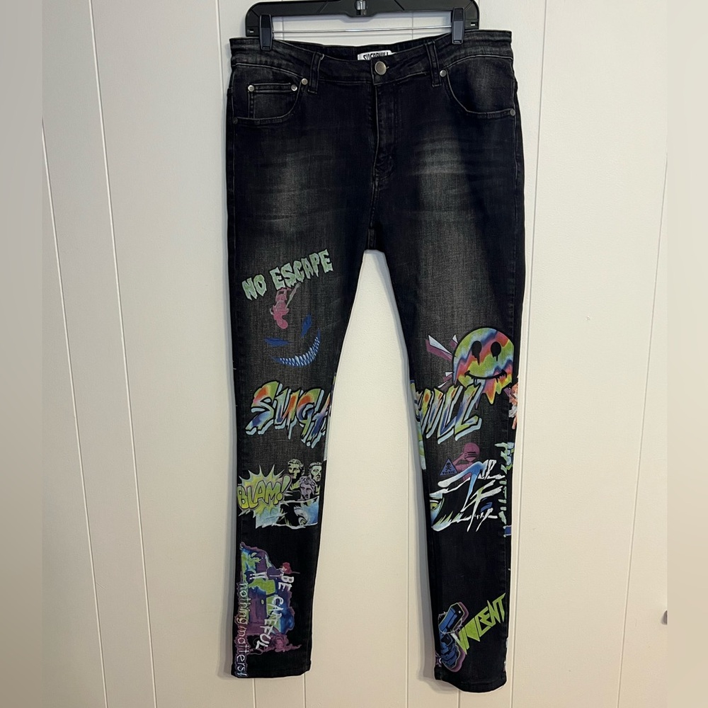 SUGARHILL TRIPPY BRIGHT GRAPHICS No Escape Streetwear Denim Jeans Pants Size‎ 36